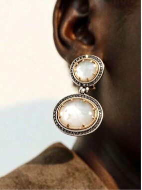 Double Drop White Stone Earrings with Gold and Silver Accents